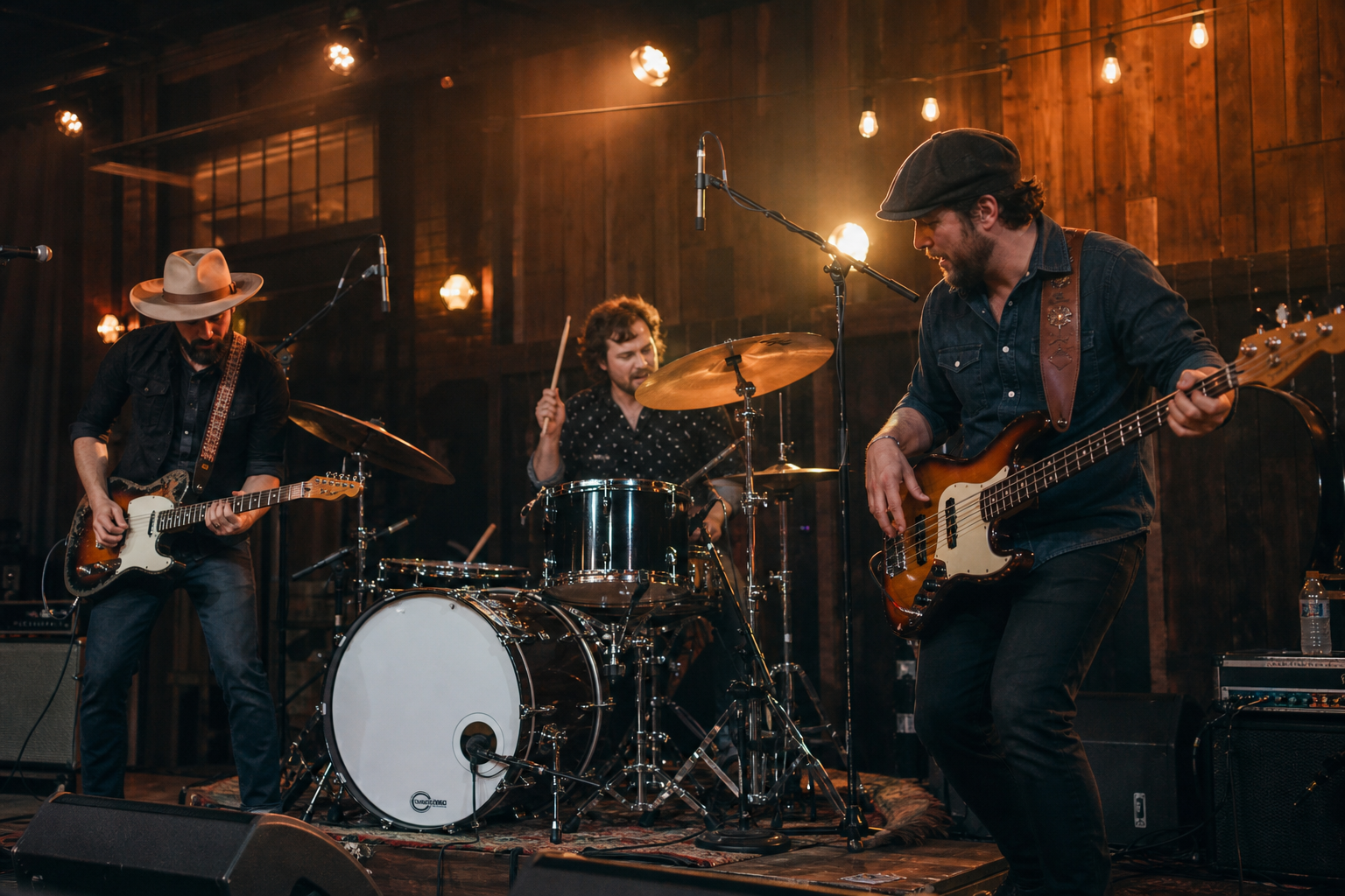 Full-song performance frame with drums, bass, and guitar locked in during a live Nashville set
