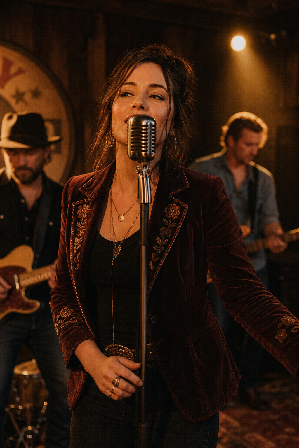Artist at center mic with the band in soft focus behind, capturing showcase energy