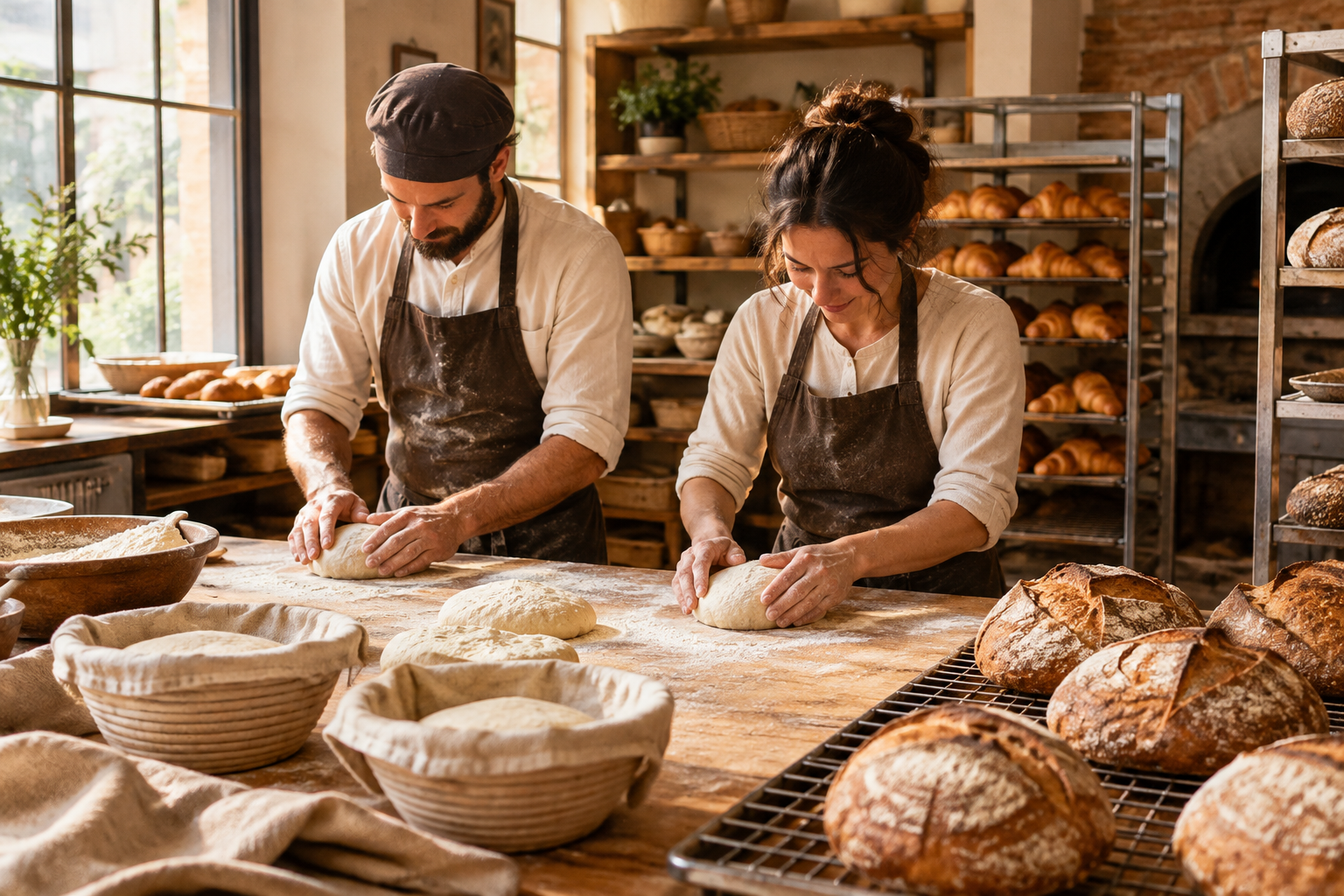 Warm artisan bakery interior with bakers shaping sourdough on a wooden bench, soft morning light, flour-dusted tools, and fresh loaves cooling on racks