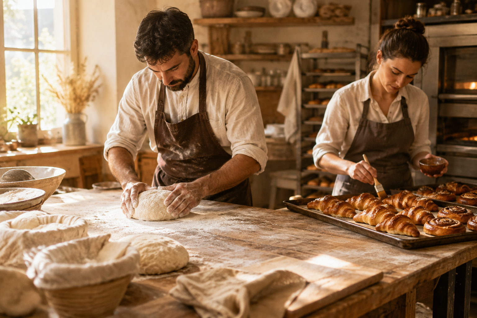 Artisan bakers shaping dough and finishing pastries in a warm traditional bakery kitchen