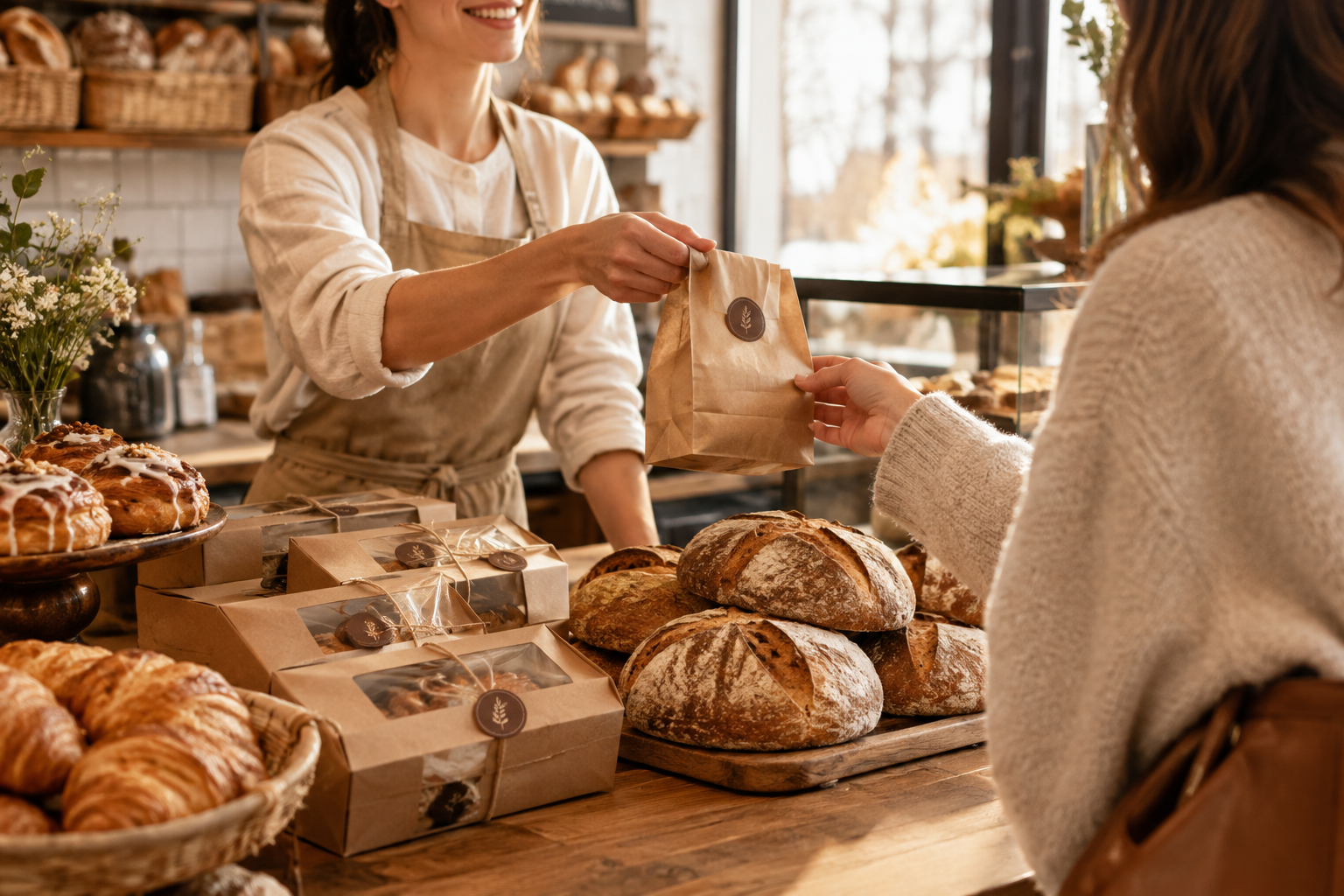 Warmly lit artisan bakery counter with wrapped pastry boxes, sourdough loaves, and a baker assisting a customer