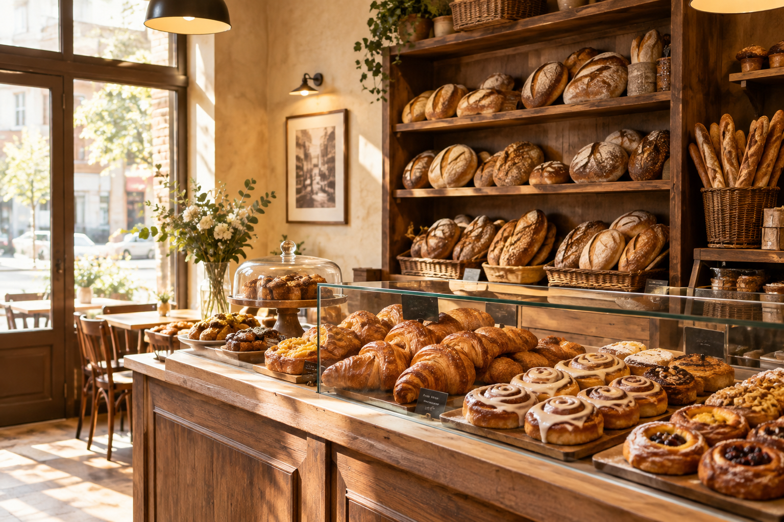 Warm artisan bakery interior with fresh bread shelves, glowing pastry counter, wooden accents, and soft natural morning light