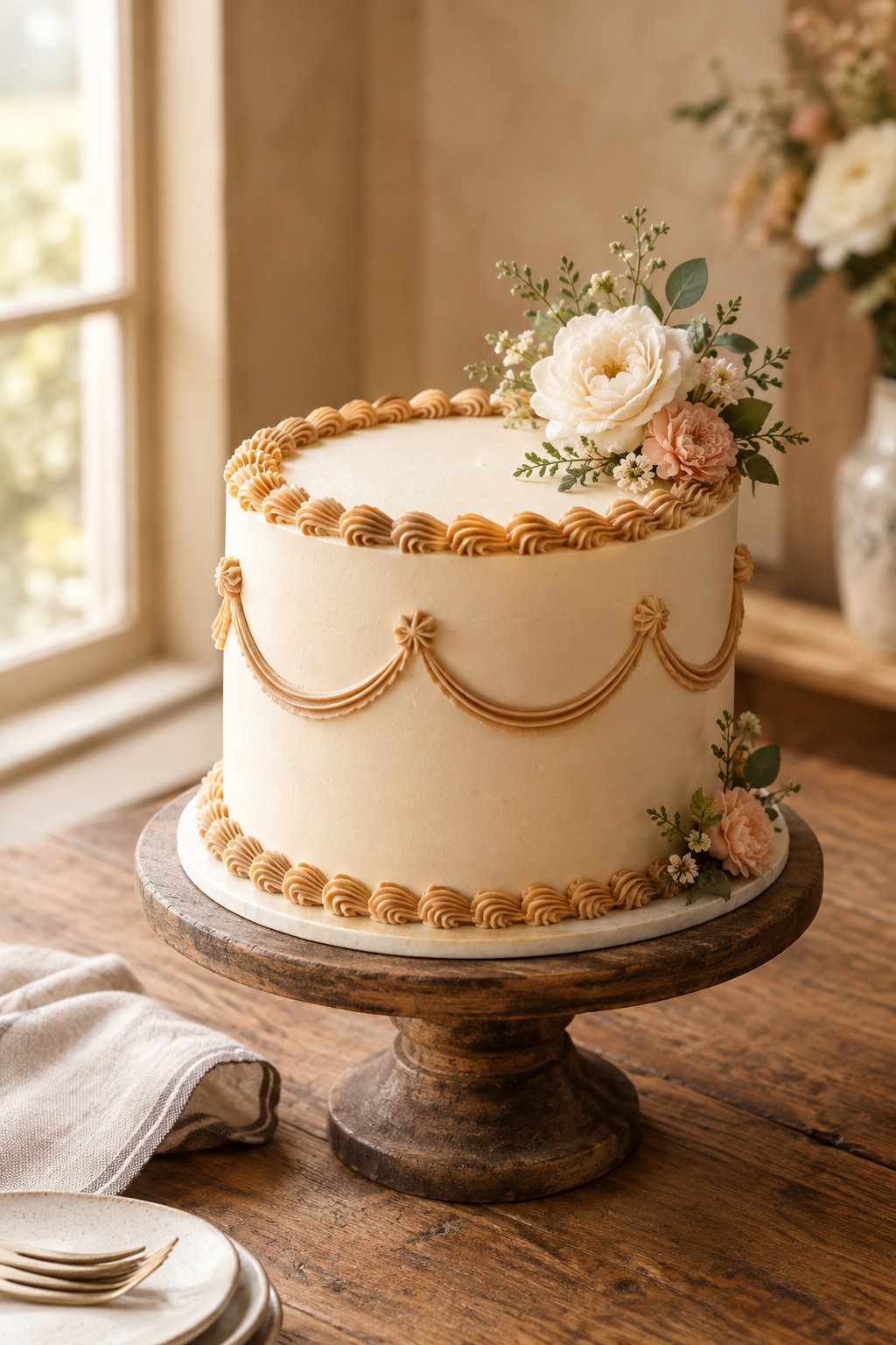 Elegant artisanal celebration cake with smooth buttercream finish and delicate piping in warm natural bakery light
