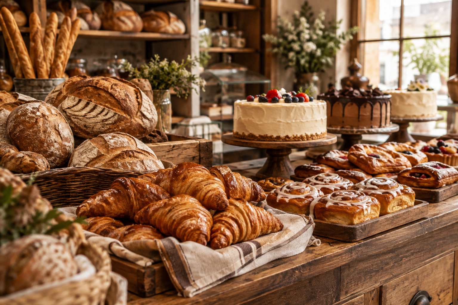 Realistic artisan bakery display with crusty sourdough loaves, flaky butter croissants, glazed cinnamon rolls, and elegant whole cakes on rustic wooden counters under soft natural morning light