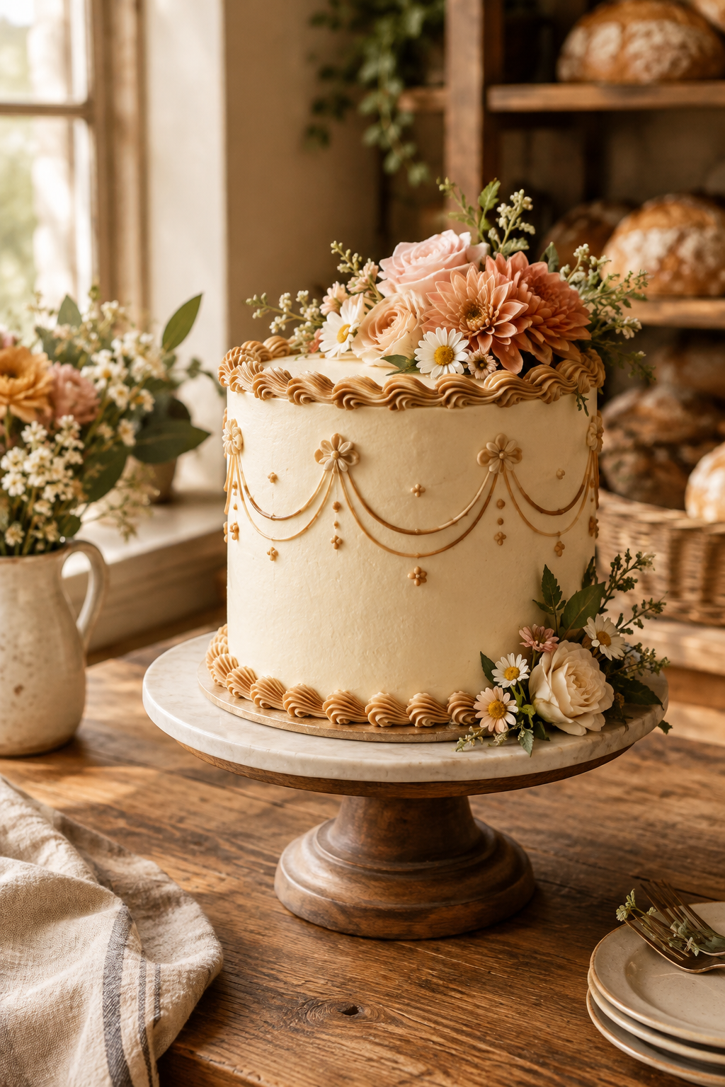 Tall handcrafted celebration cake with smooth buttercream finish, delicate piping, and seasonal flowers in warm natural bakery light
