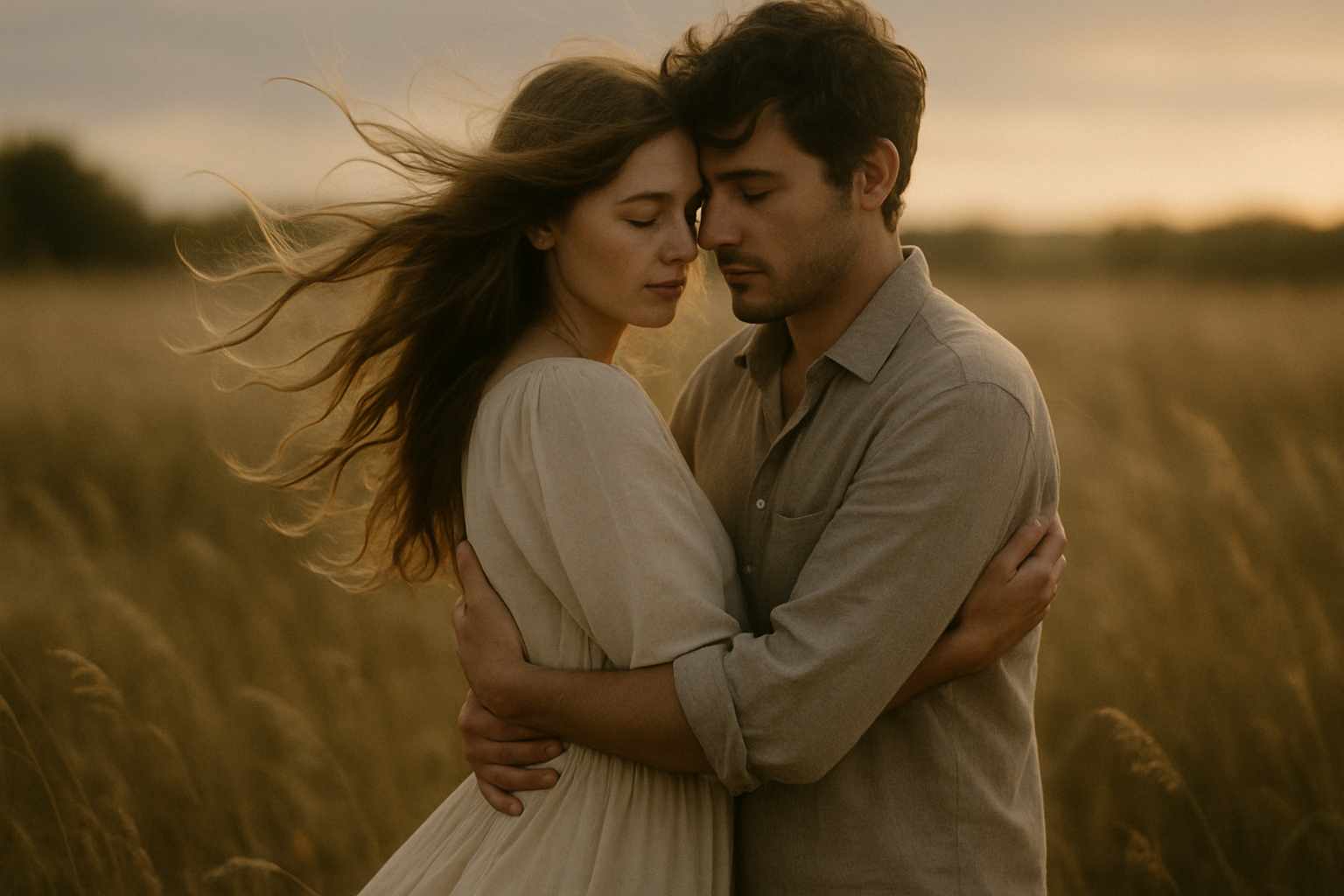 Couple embracing in a golden meadow at dusk