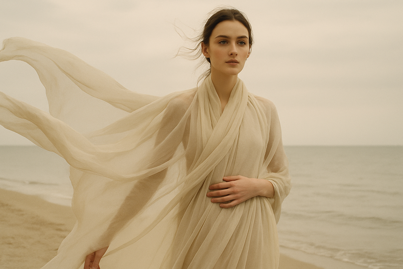 Editorial portrait by the coast with flowing fabric