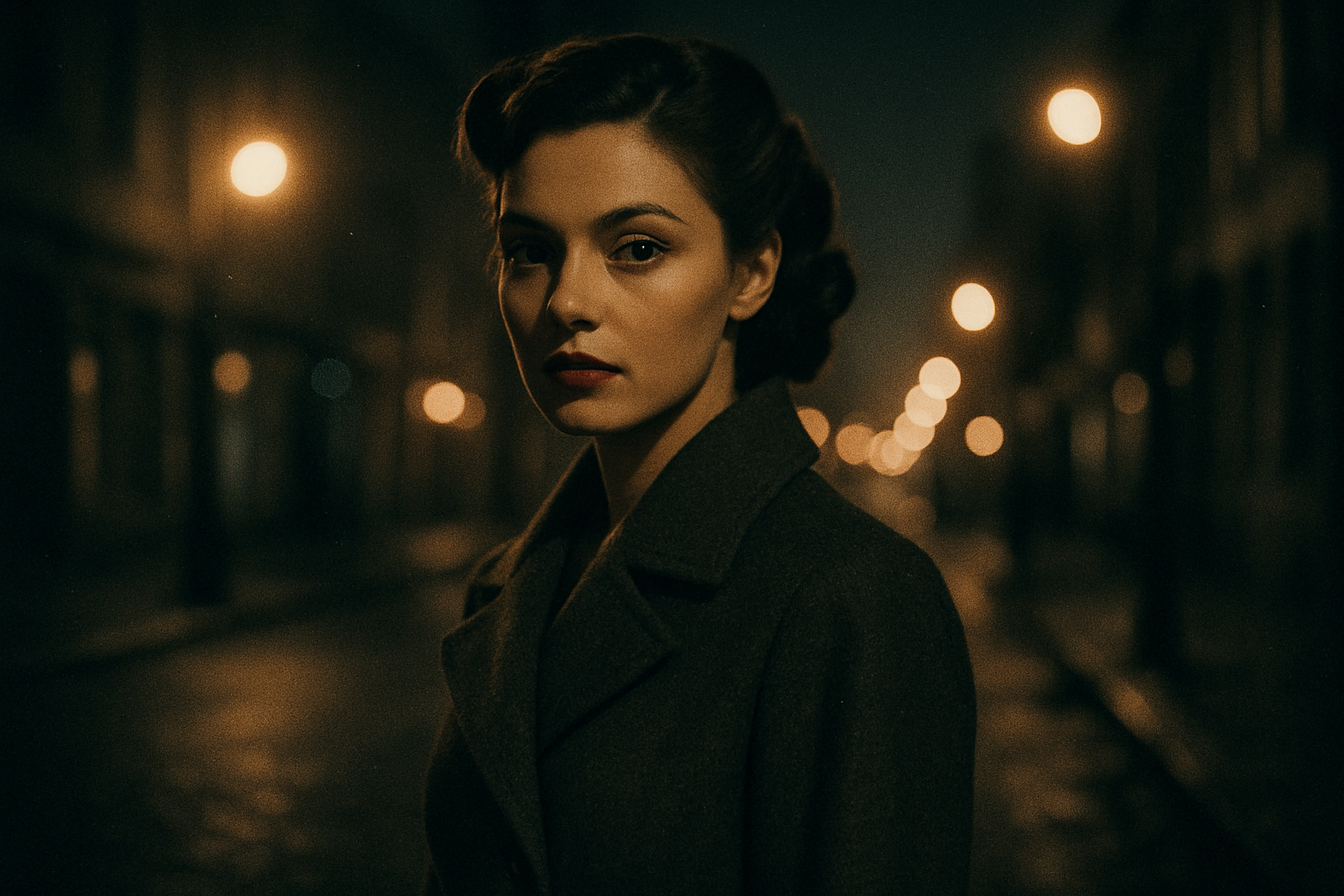 Film-style portrait of a woman in a city street at night