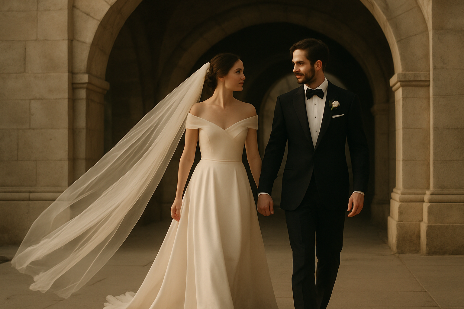 Bride and groom walking beneath a historic stone archway