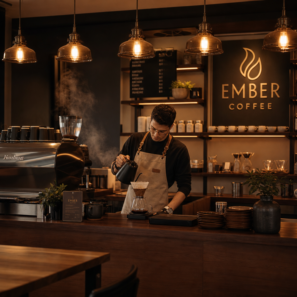 Warm minimalist Ember Coffee interior with artisan espresso bar, amber lighting, dark wood accents, and a barista preparing specialty coffee