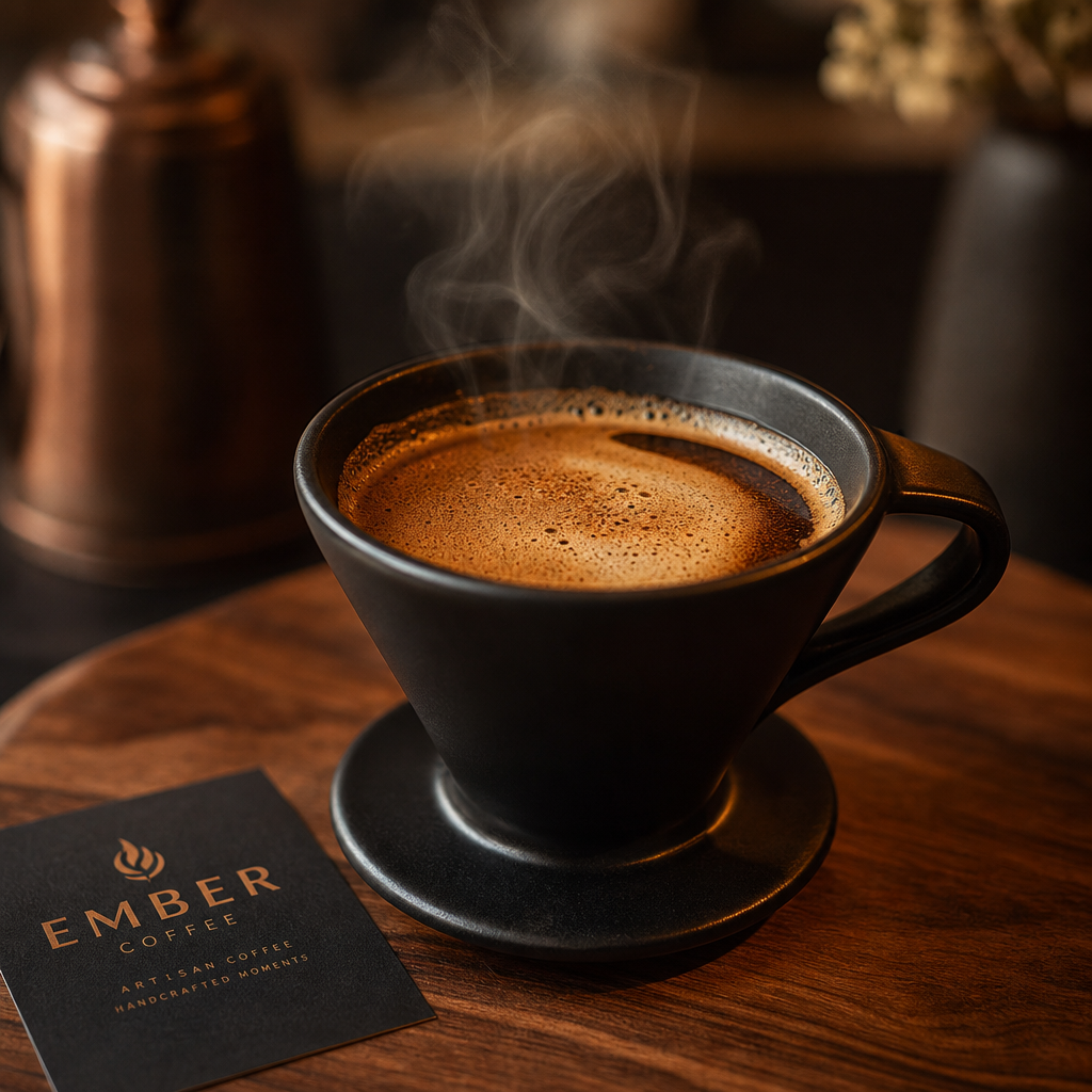 A matte black ceramic pour-over cup with amber crema on a walnut counter, steam rising in soft warm light