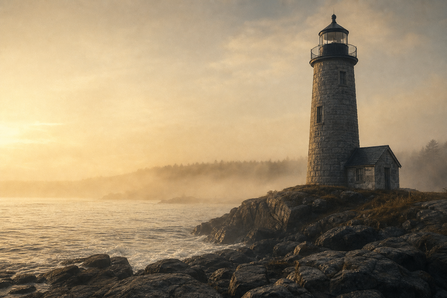 Warm film-style photograph of a solitary lighthouse on a misty northern shoreline at daybreak, with soft sea haze and muted golden light