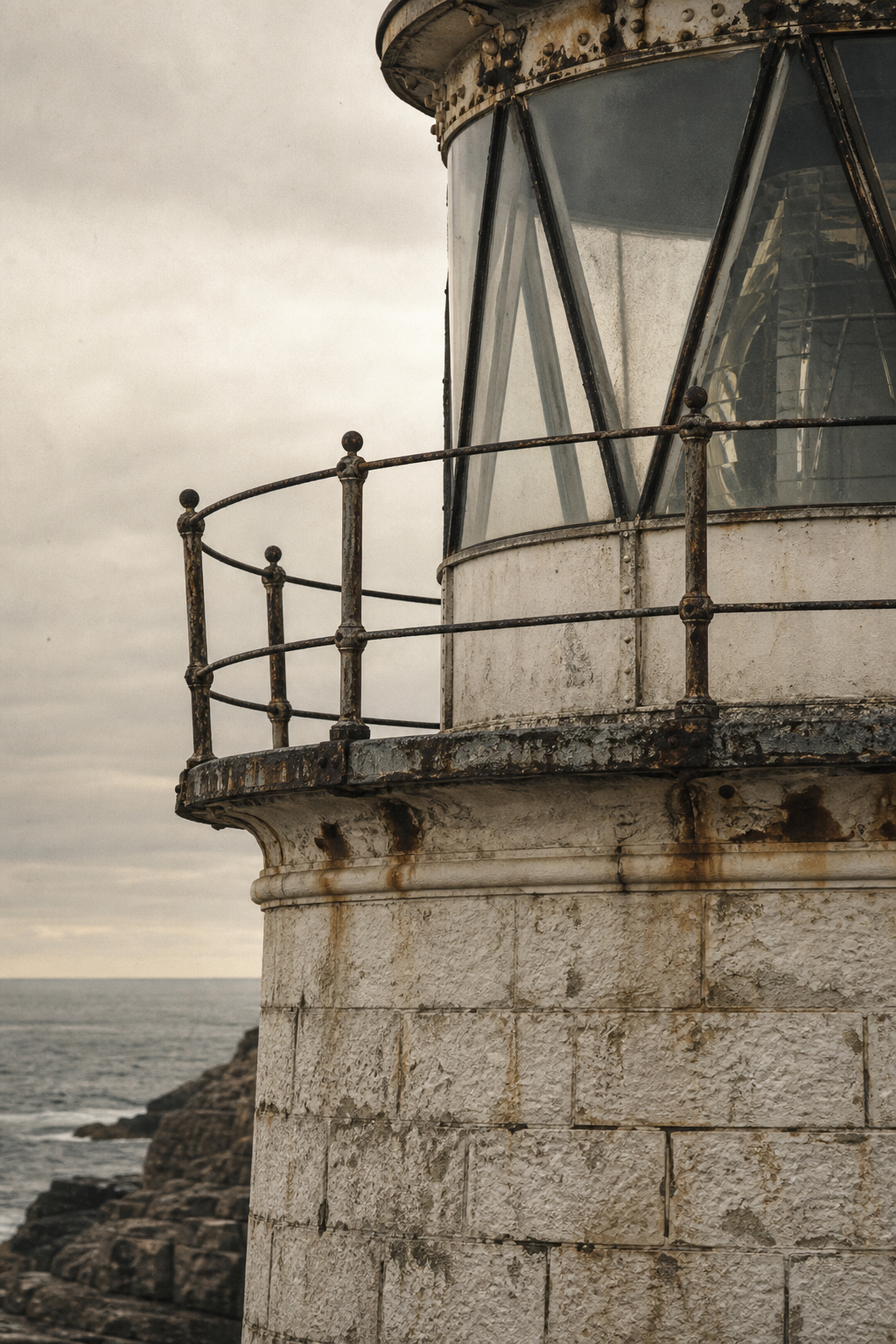 Weathered stone lighthouse detail on a rugged northern shoreline under overcast light