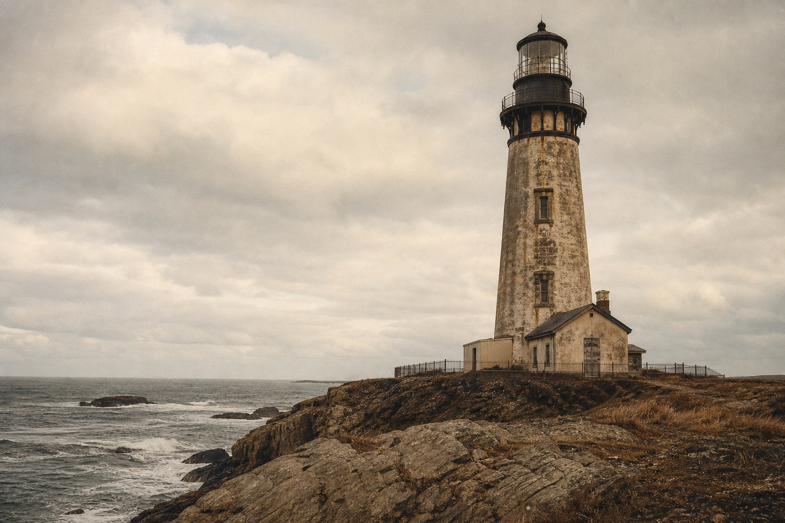 Lighthouse exterior on a weathered northern shoreline under overcast light