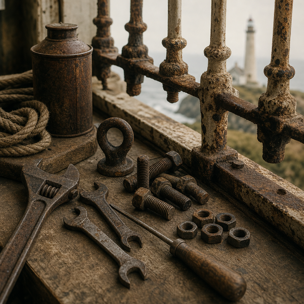 Weathered keeper details including tools and railings near the tower