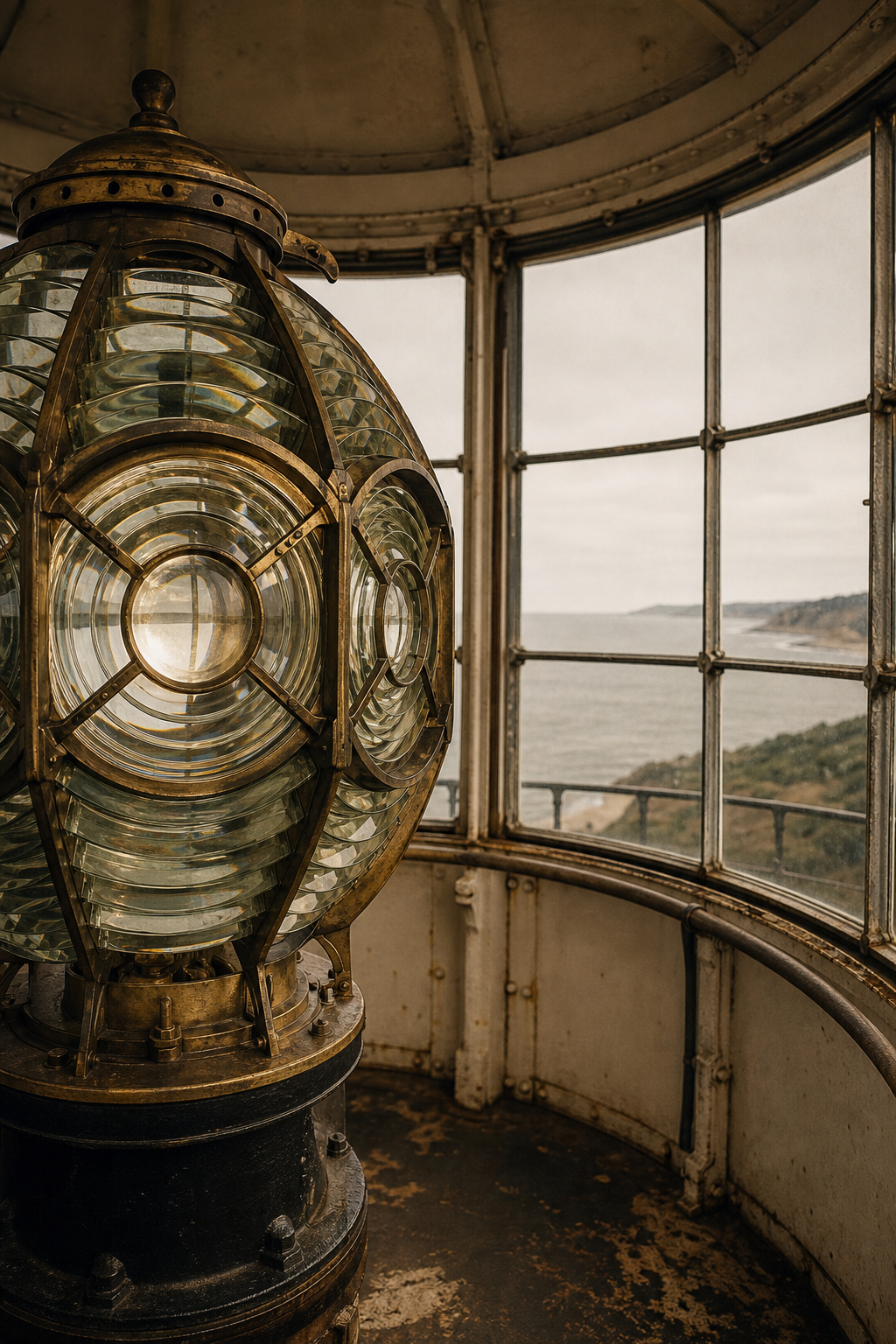 Lantern room interior with brass optics and weathered framing
