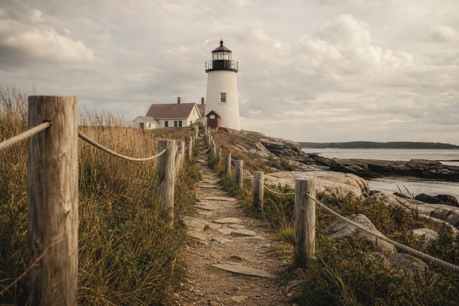 Shoreline approach path leading toward a coastal lighthouse