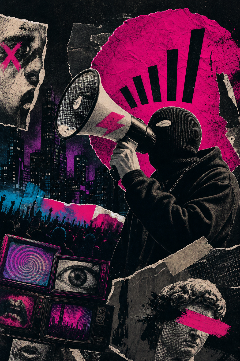 Grainy satirical poster collage featuring a masked speaker with a megaphone in neon light, acting as the dominant hero image on the right side