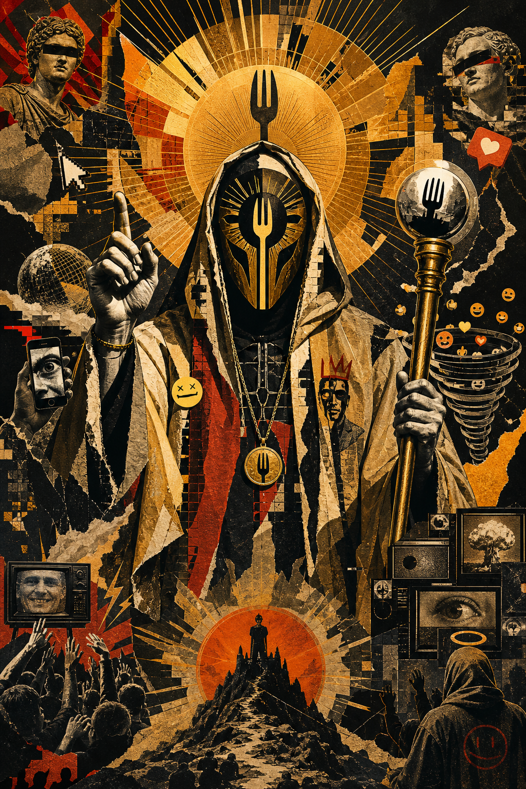 Poster-like symbolic illustration of the Forkashi myth with a bold masked figure, collage fragments, and editorial iconography