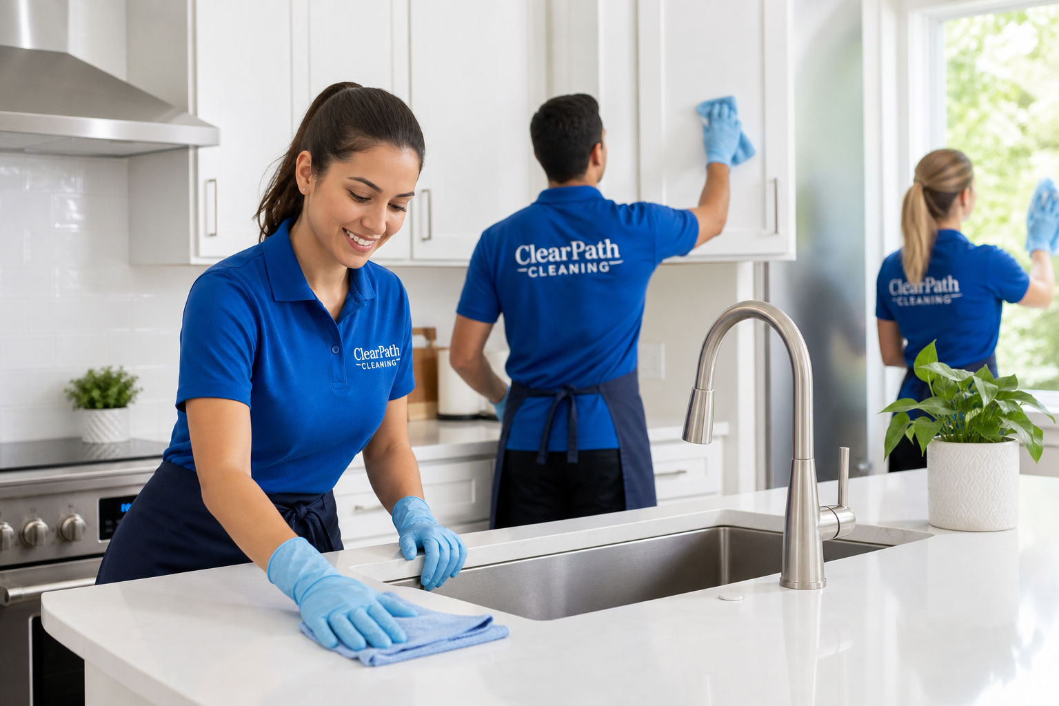 Professional cleaning team in blue uniforms smiling inside a bright modern home with clean counters