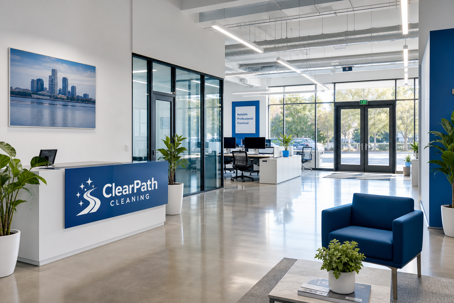 Modern open office lobby with glass doors, clean desks, and bright natural light