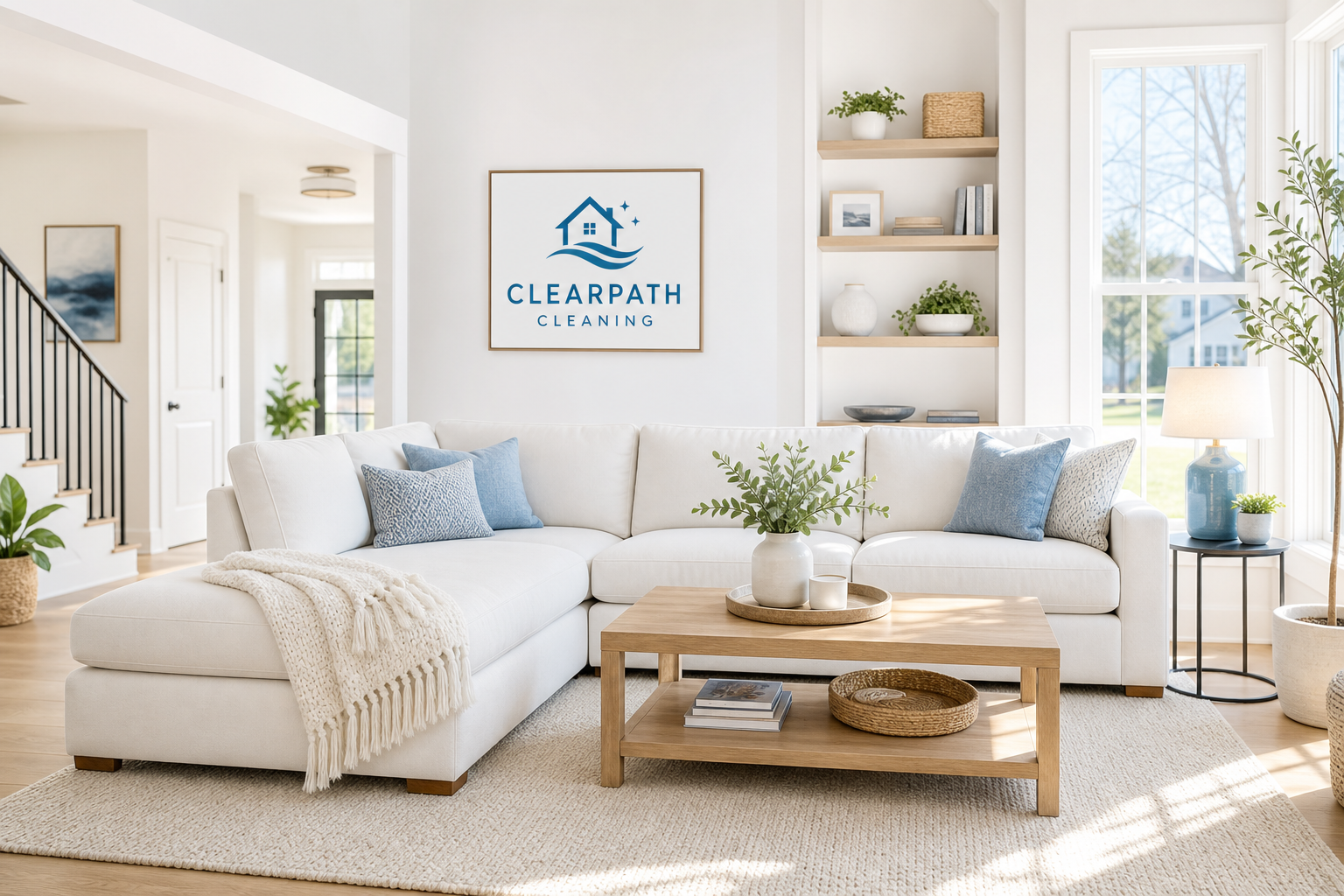 Bright, modern living room with a spotless white sofa, tidy coffee table, soft blue accents, and sunlight streaming through large windows
