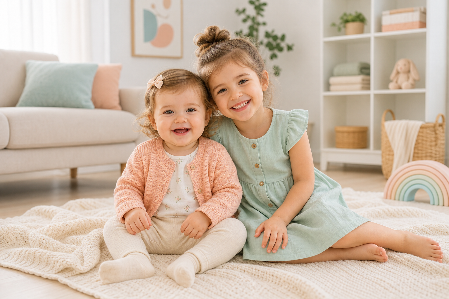 Smiling toddler and older sibling in soft pastel outfits sitting together on a light blanket in a bright family living room