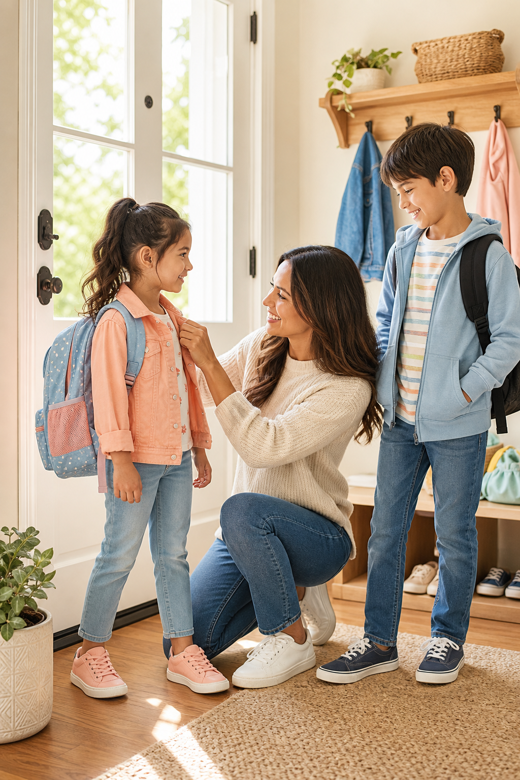 Parent helping two children get ready in bright everyday outfits near a front door in a sunlit home