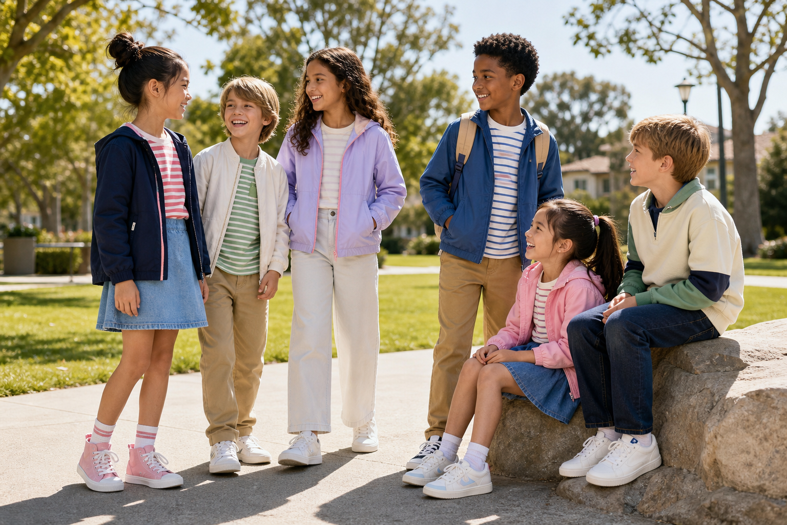 Group of children ages 3 to 14 wearing bright practical outfits in a sunny neighborhood park