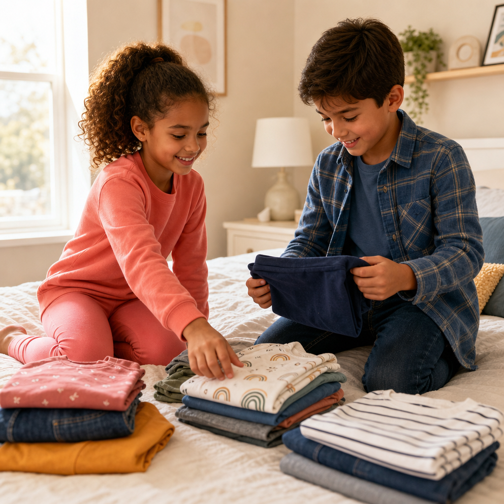 Brother and sister in colorful casual layers choosing weekend outfits at home