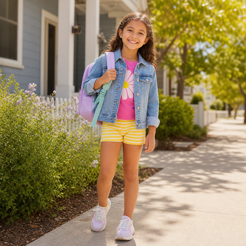 Smiling child in a colorful layered everyday outfit holding a backpack on a sunny sidewalk