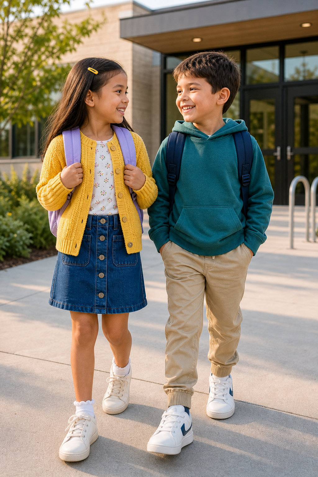 Two elementary-age kids in cheerful everyday outfits walking near a school entrance