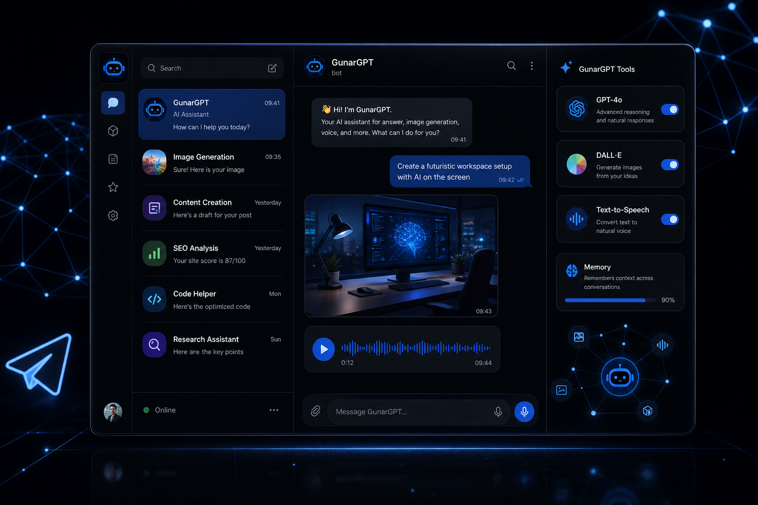GunarGPT Telegram assistant interface with AI chat threads, tool panels, and neon system nodes