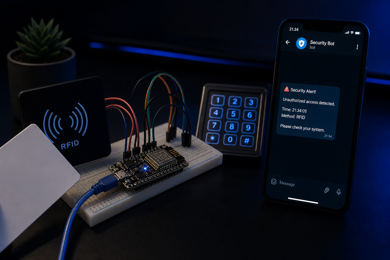 Smart security IoT prototype with ESP8266 module, RFID reader, keypad, and Telegram alert interface on a dark desk