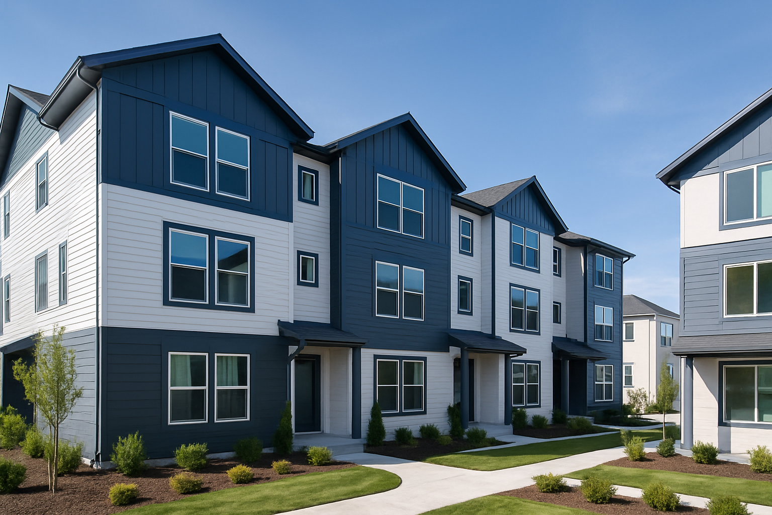 Modern Utah townhomes with clean lines, blue-gray accents, and a landscaped courtyard under clear daylight