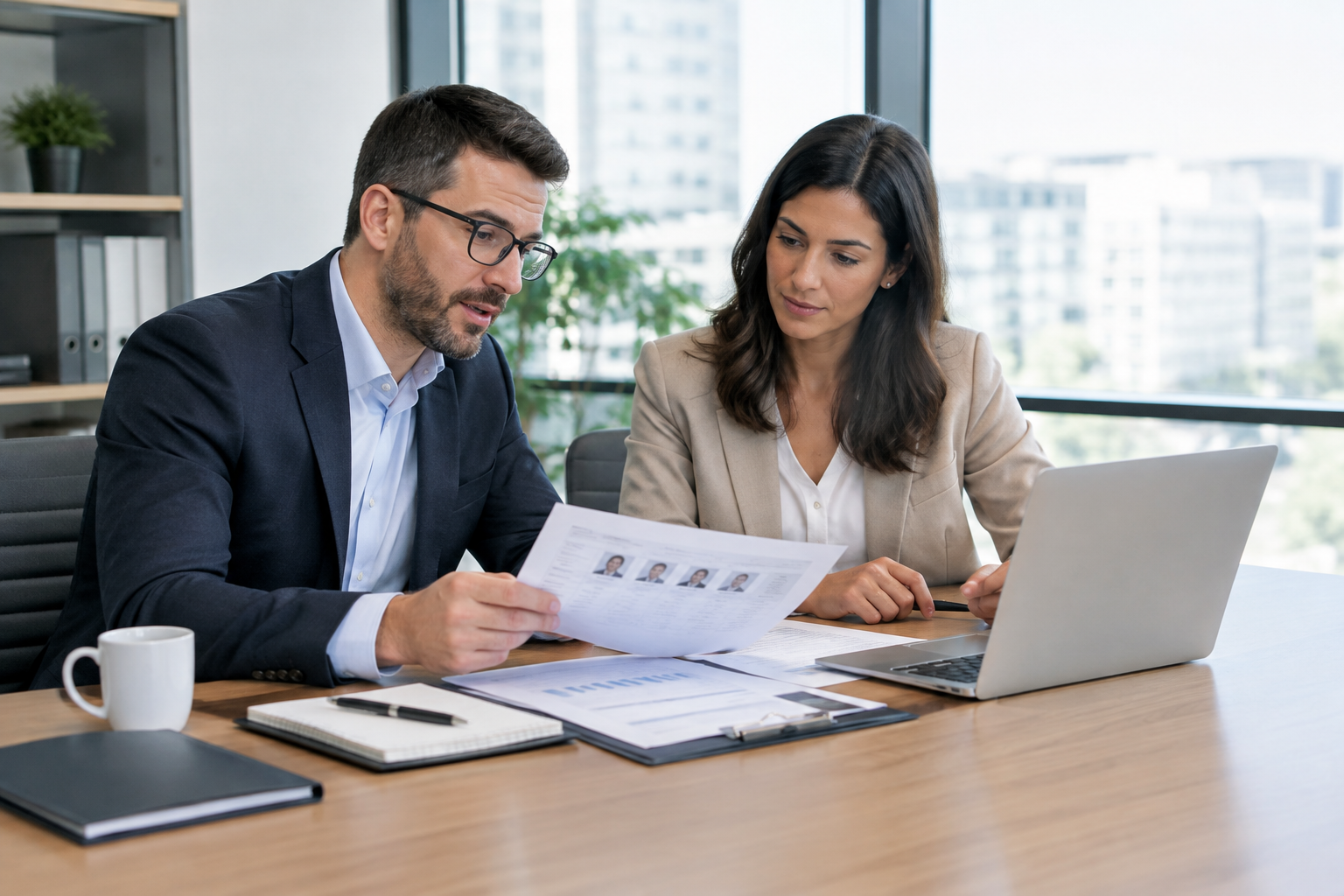 Two business professionals reviewing staffing requirements and workforce planning documents at a meeting table