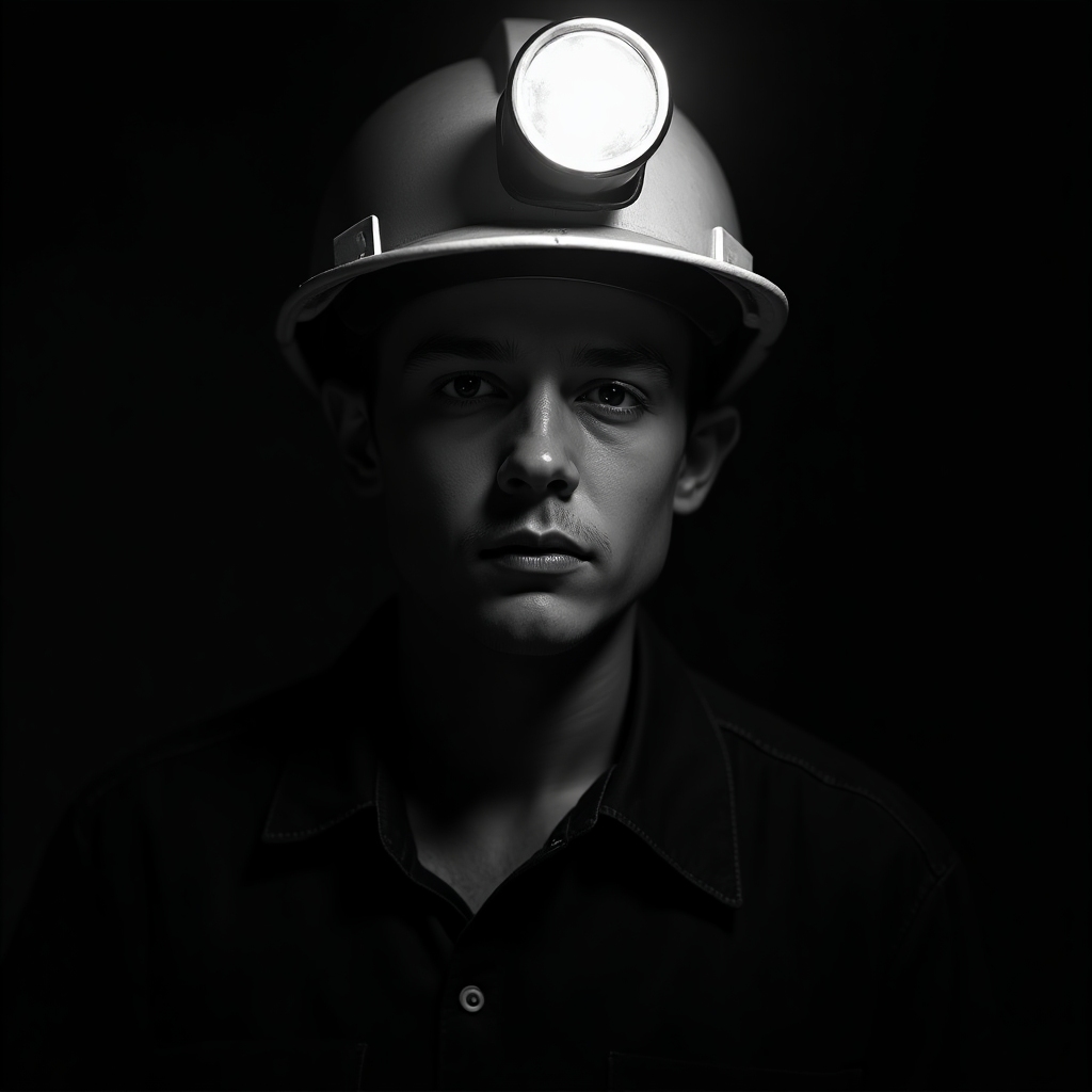 Noir-inspired, high-contrast black-and-white portrait of a young miner with a brooding stare, helmet lamp, face half in shadow, cinematic mood