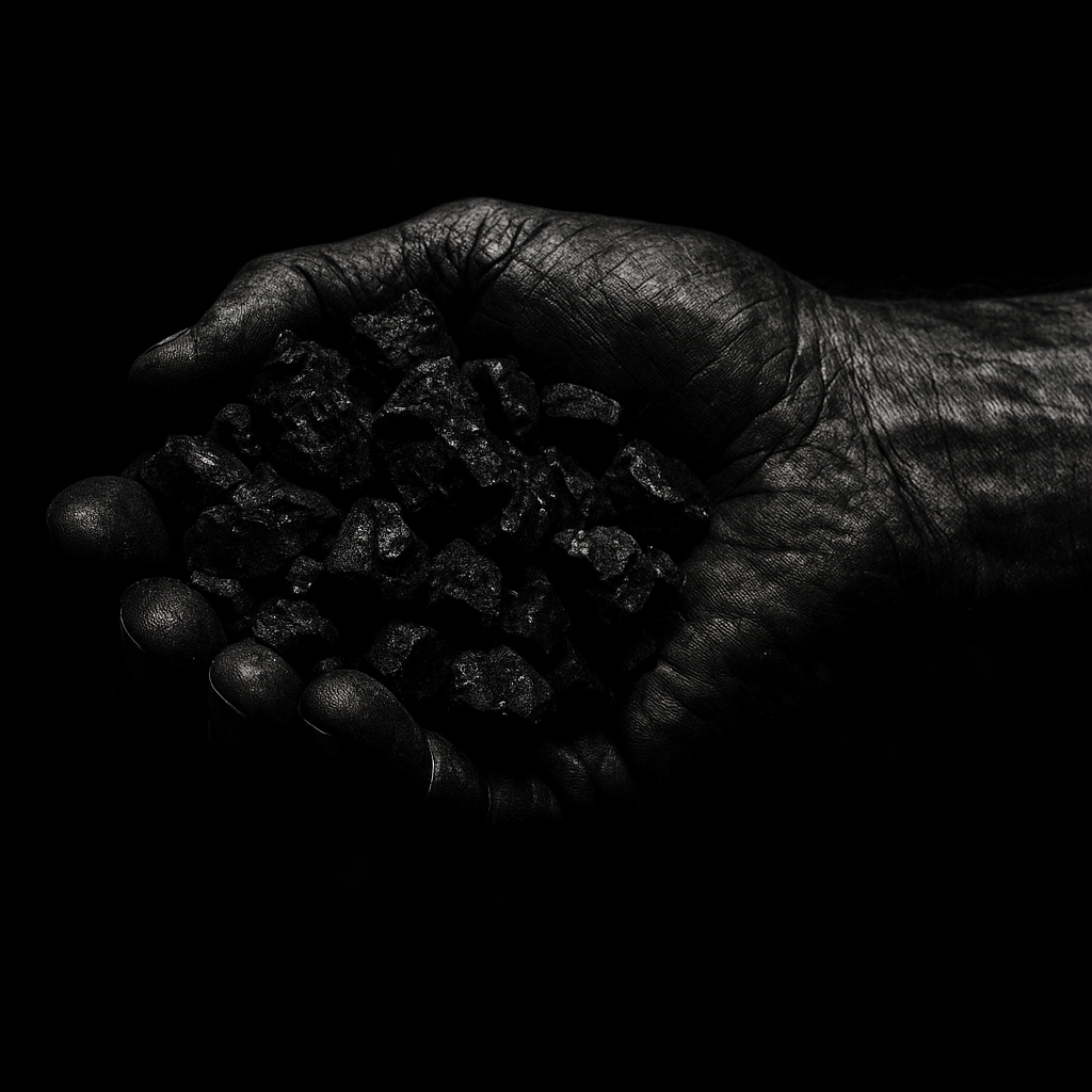Dramatic noir photo: a rough hand cupping a mound of coal, veins and dust stark against the skin. High-contrast black-and-white, moody, bold shadows.