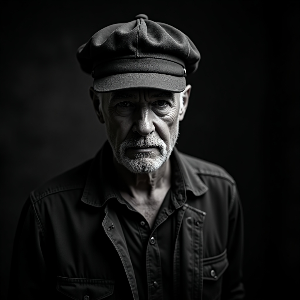 High-drama, high-contrast black-and-white portrait of a stern middle-aged mine foreman in a miner's cap, coal dust, strong jaw, noir lighting