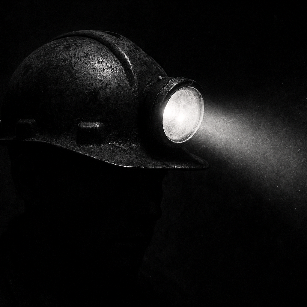 Noir-inspired image: a miner's helmet with a glowing lamp beaming through darkness. Black-and-white, moody lighting, sharp contrast, gritty details.