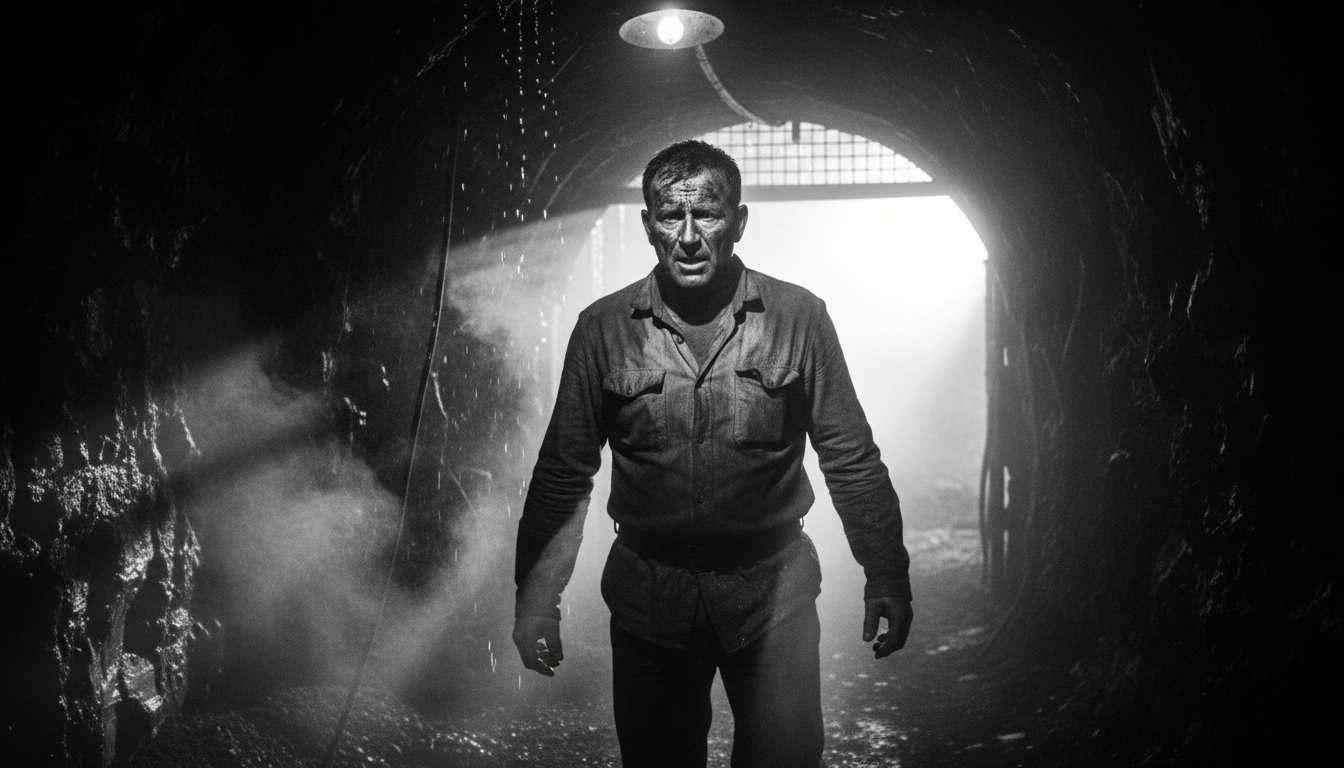 Noir-style, high-contrast black-and-white photograph of a coal miner emerging from a shadowy tunnel, face gritty, harshly lit from above, dust swirling in the air, evoking resilience and cinematic drama