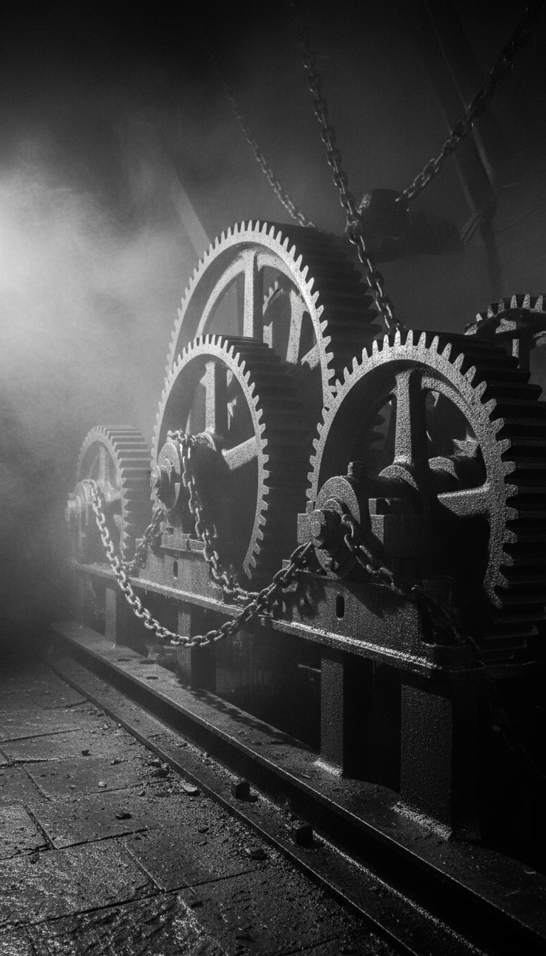 Noir-inspired, harshly lit black-and-white photo of antique coal mining equipment, chains and gears shrouded in mist and darkness, stark contrast and texture