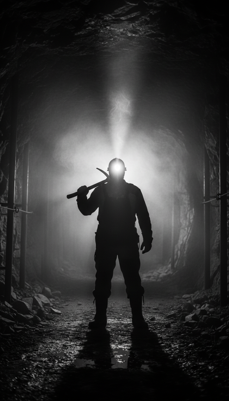 Sinister silhouette of a coal miner with a bright headlamp, standing in swirling fog inside a mine, all in moody, noir high-contrast black and white