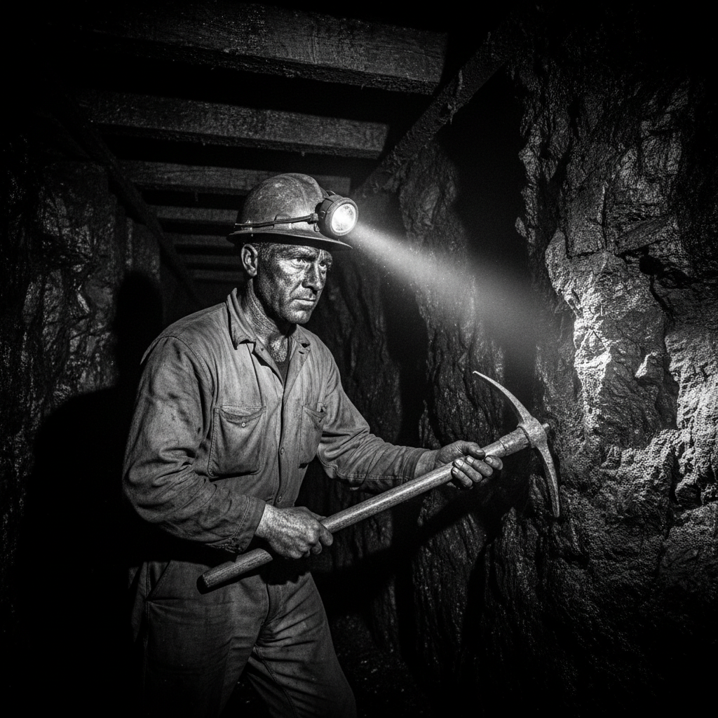 A coal miner, face streaked with soot, working by lamplight in a shadowy tunnel, noir style, high contrast black and white