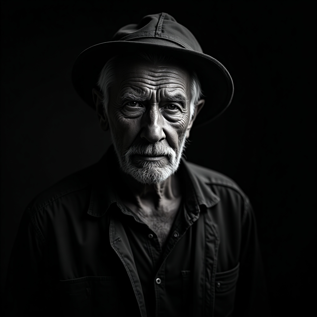 Noir-style, high-contrast black-and-white portrait of a rugged older male coal miner, deep shadows across a weathered face, dramatic lighting emphasizing grit and resilience