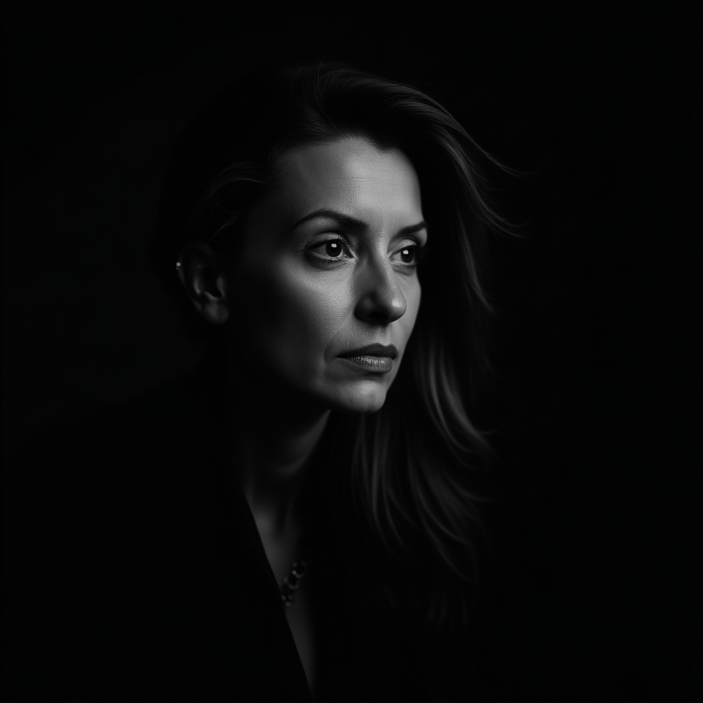 Black-and-white, noir portrait of a middle-aged woman with sharp features, pensive gaze in moody, dramatic side lighting, emotional and cinematic