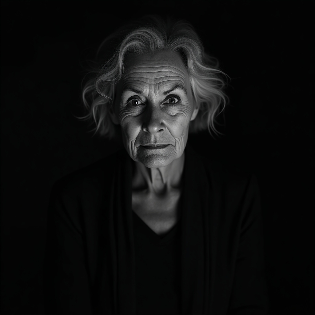 Haunting, noir-style black-and-white portrait of an older woman with wise, tired eyes, simple clothing, shadowy background, emotional and cinematic