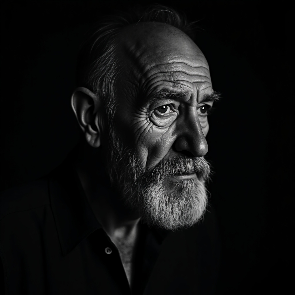 Noir-inspired, dramatic monochrome portrait of an elderly bearded coal miner, deep lines, intense shadows, eyes reflecting hardship and resilience