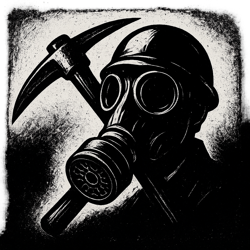 Noir-style icon: a coal miner's pickaxe crossed with a dramatic, vintage respirator mask. High-contrast, black-and-white, with bold shadows and a gritty texture.