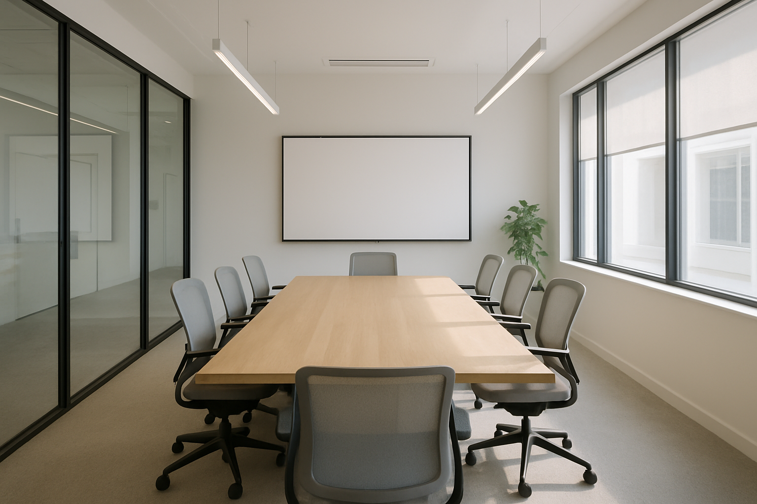 Modern coworking meeting room with a large table, presentation screen, and natural light